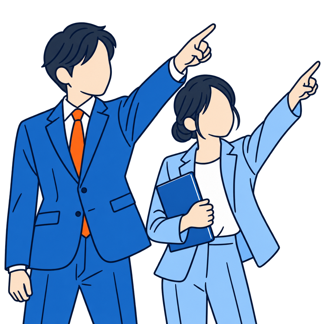 前向きに斜め上を指さす、スーツ姿の男性と女性のコンサルタント